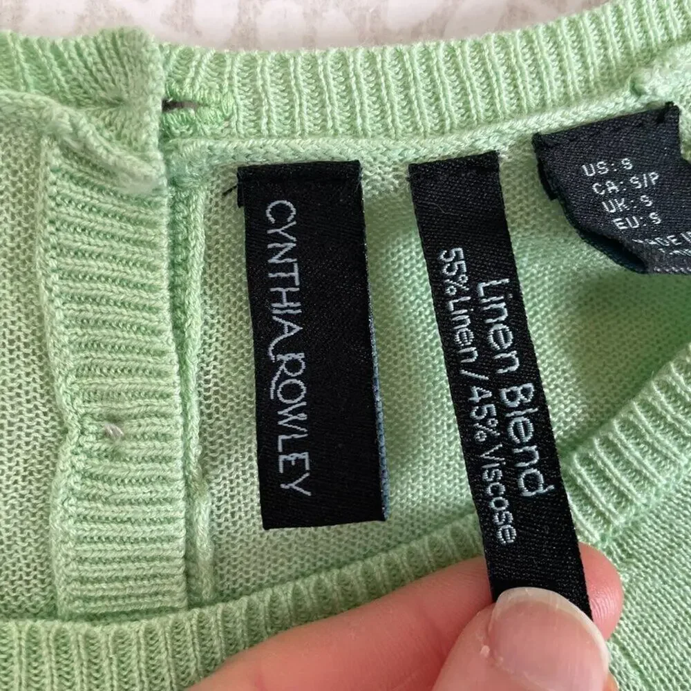 Cynthia Rowley Pale Green Linen Blend Crew Neck Sweater, 3/4 Sleeve, Small
